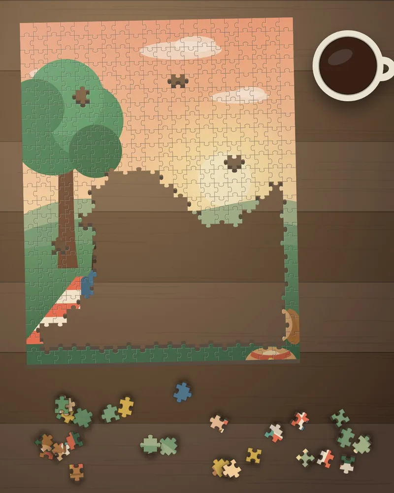Illustration of a half-finished Snugpiece puzzle of a family picnic on a wooden table, with loose pieces and a coffee mug
