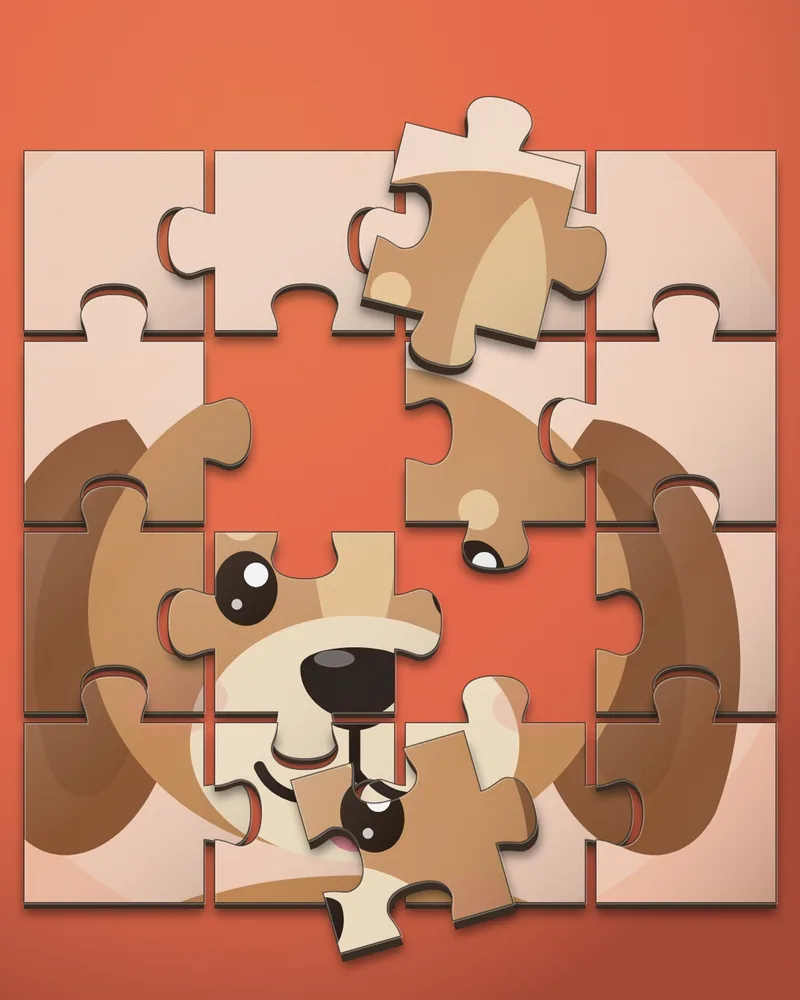 Illustration of interlocking puzzle pieces from a dog portrait, with two pieces lifted out