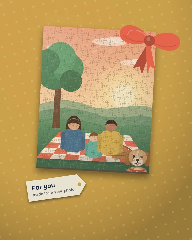 Illustration of the finished puzzle with a coral bow and a gift tag that reads For you