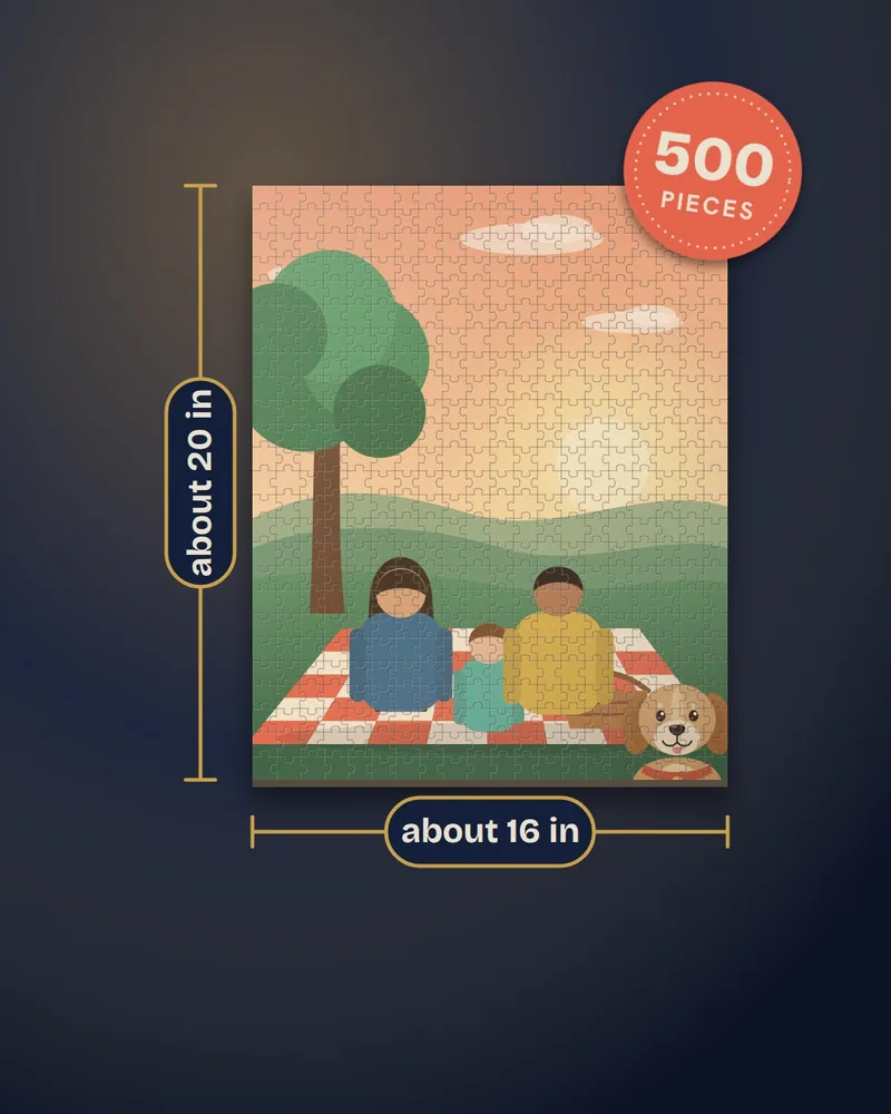 Illustration of the puzzle with its approximate size, about 16 x 20 in, and a 500-piece badge